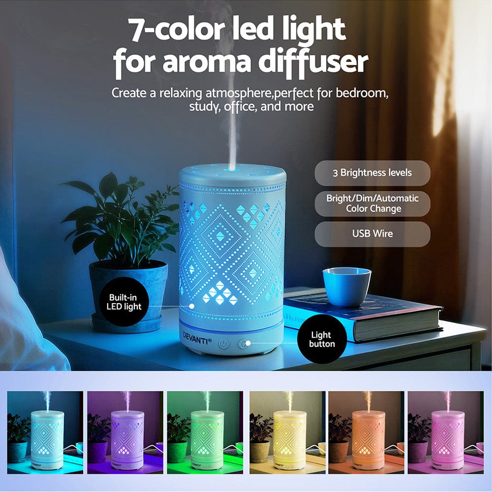 Devanti Ultrasonic Aroma Diffuser Aromatherapy 100ml LED Lights Iron Humidifier Forest - SportZone.co.nz