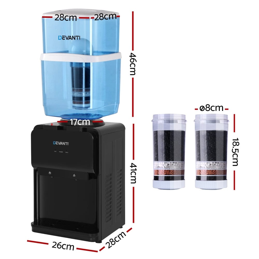 Devanti Water Cooler Dispenser 22L Bench Top Chiller Purifier Filter Hot Cold Black - SportZone.co.nz