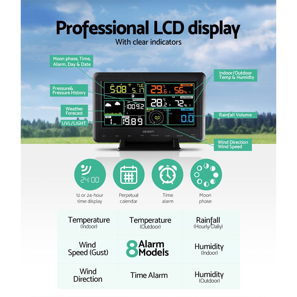 Devanti Weather Station Indoor Outdoor Wireless WiFi Professional Solar Sensor - SportZone.co.nz