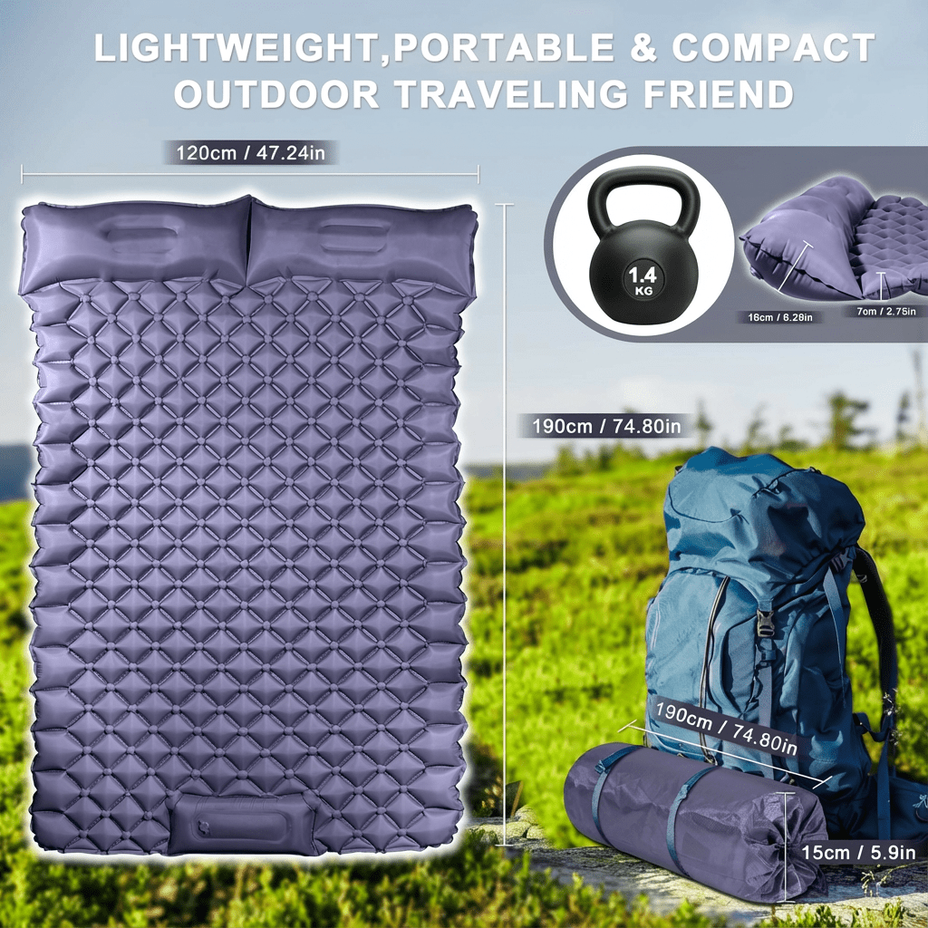 Double Camping Pad with Built - in Pillow: Foot Pump Inflatable Mattress for Tent/Backpacking – Ultralight, Foldable (Dark Blue) - SportZone.co.nz
