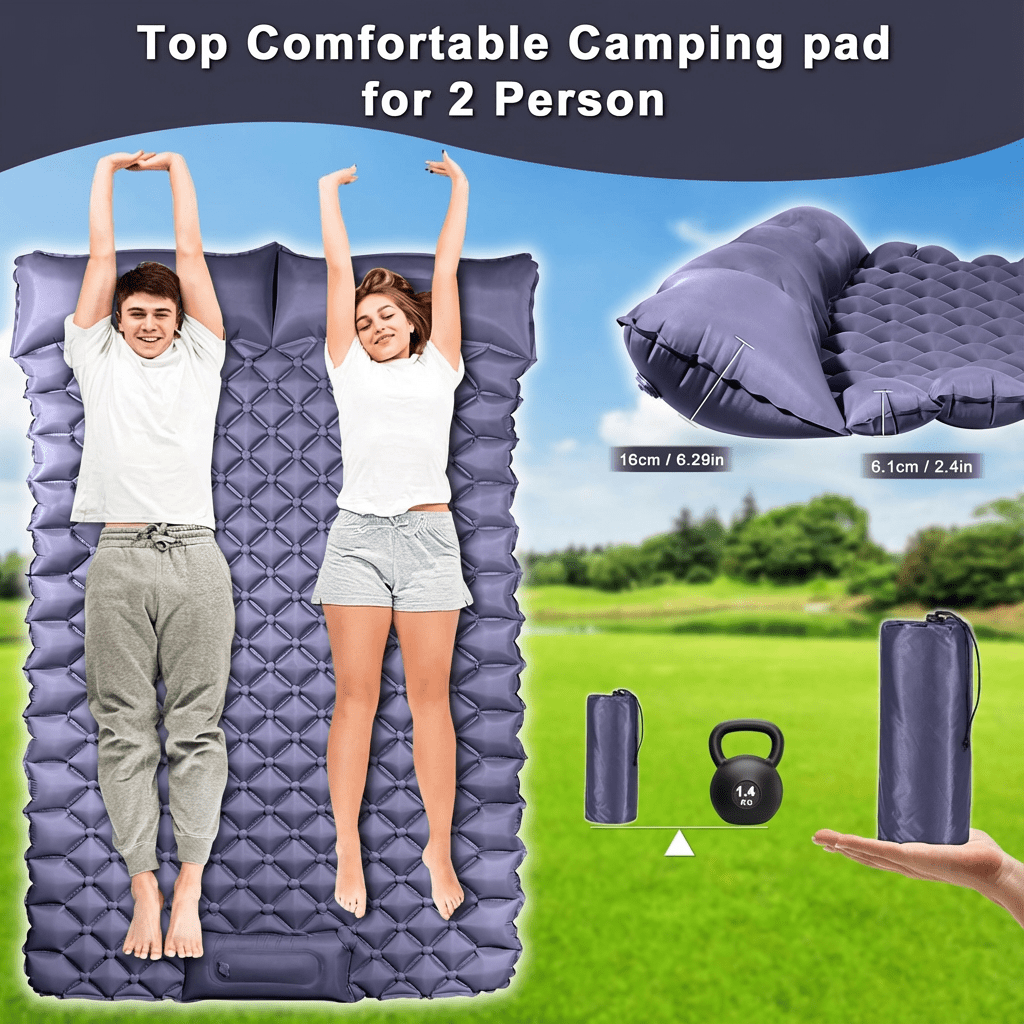 Double Camping Pad with Built - in Pillow: Foot Pump Inflatable Mattress for Tent/Backpacking – Ultralight, Foldable (Dark Blue) - SportZone.co.nz