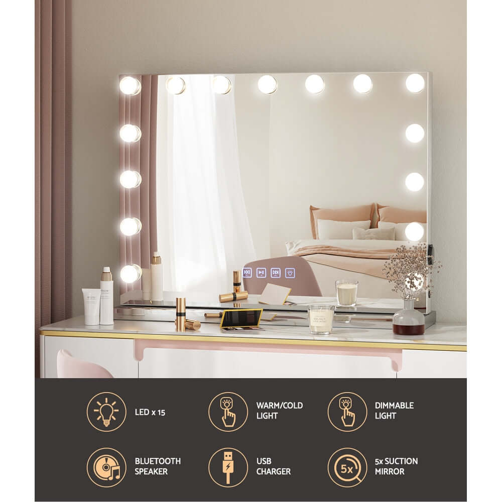 Embellir Bluetooth Makeup Mirror 58x46cm Hollywood Vanity with LED Light Wall - SportZone.co.nz