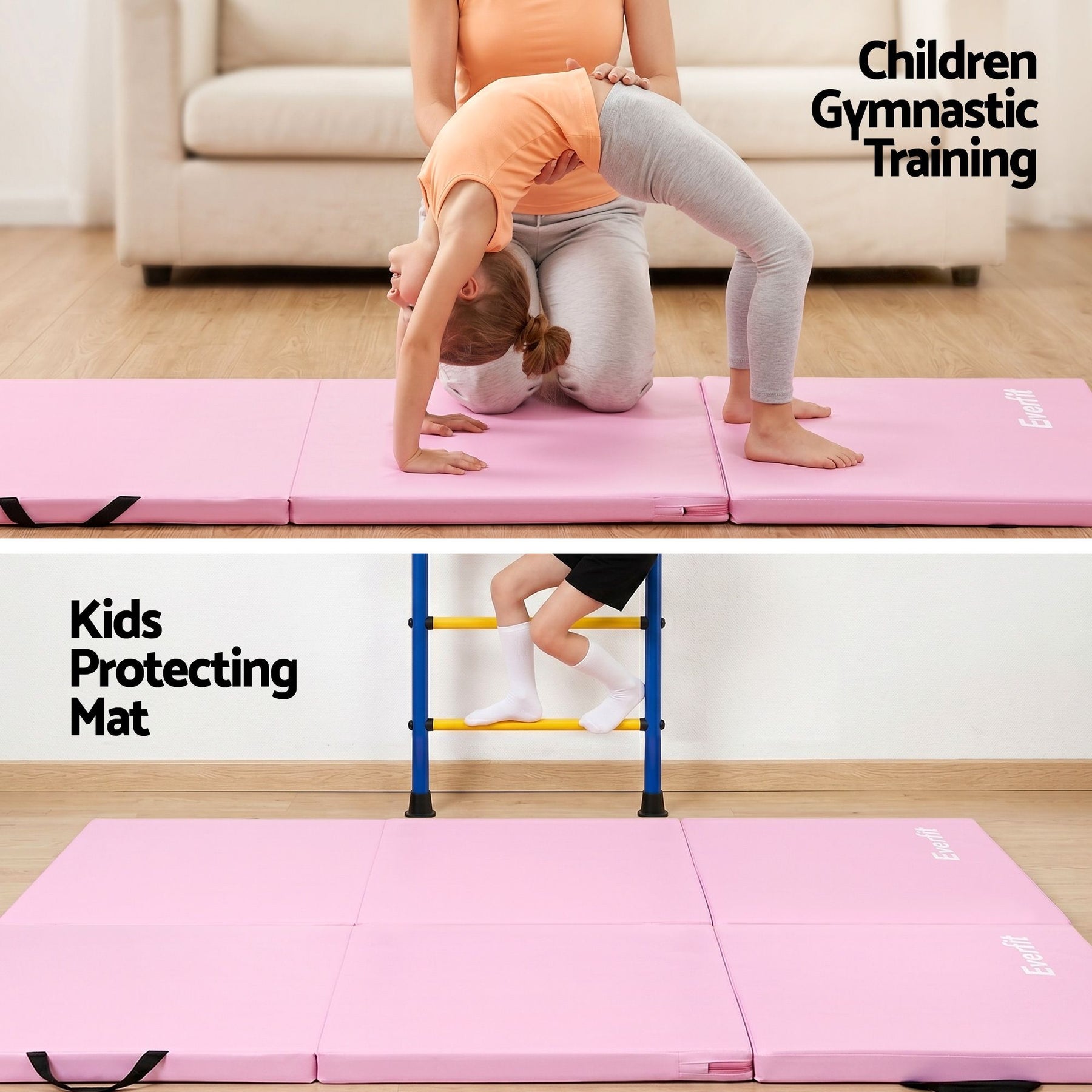 Everfit 180x60cm Gymnastics Mats Folding Exercise Floor Mat Portable 3 Fold Tumbling Mat Pink - SportZone.co.nz