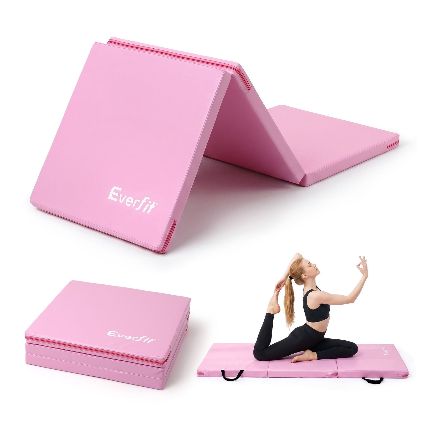 Everfit 180x60cm Gymnastics Mats Folding Exercise Floor Mat Portable 3 Fold Tumbling Mat Pink - SportZone.co.nz