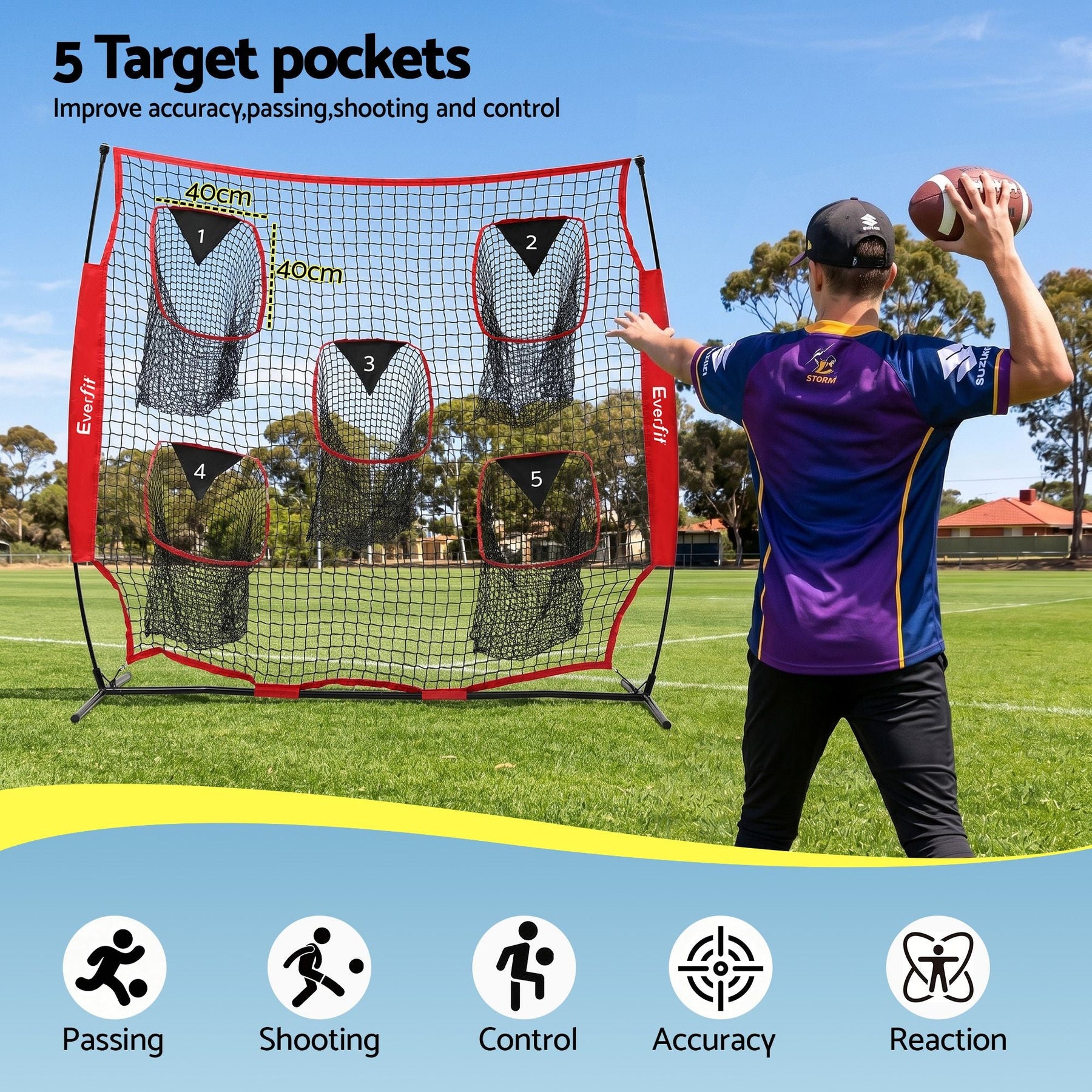 Everfit 1.8m Football Training Net 5 Target Portable Soccer Goal Nets Rebounder - SportZone.co.nz