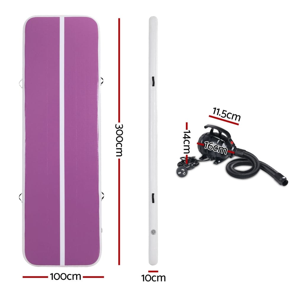 Everfit 3M Air Track Gymnastics Tumbling Exercise Yoga Mat W/ Pump Inflatable Purple - SportZone.co.nz