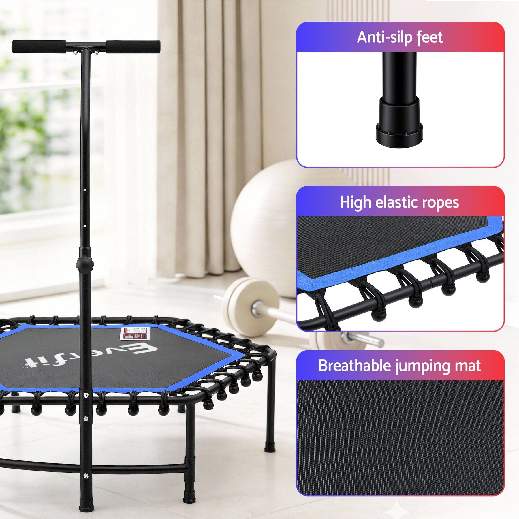 Everfit 48inch Hexagon Fitness Trampoline Rebounder Adjustable Handrail Blue - SportZone.co.nz