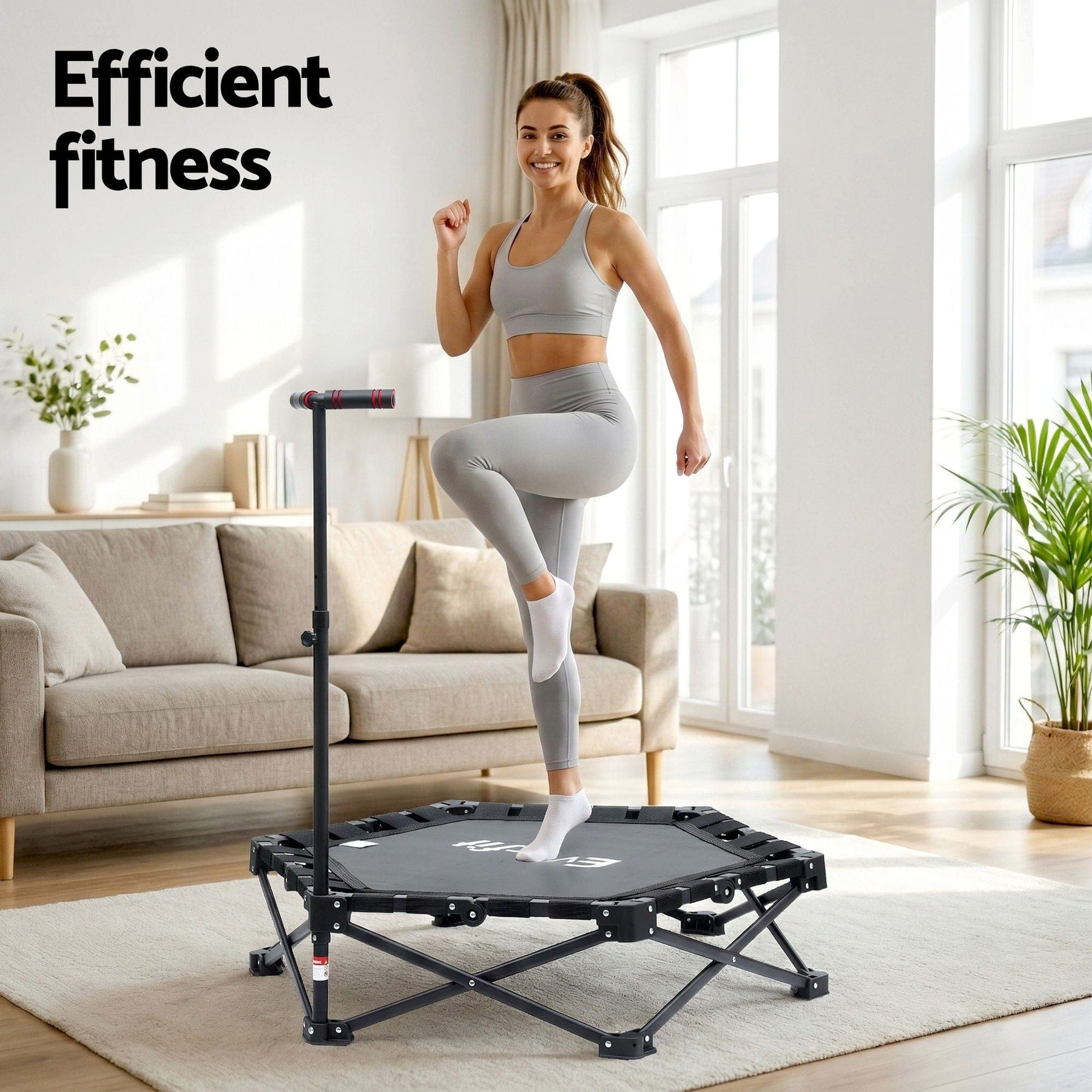 Everfit Fitness Foldable Trampoline Rebounder Adjustable Handle Indoor Exercise Black - SportZone.co.nz