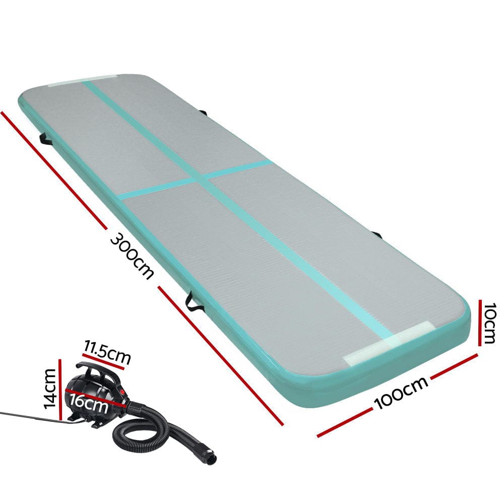 Everfit GoFun 3X1M Inflatable Air Track Mat with Pump Tumbling Gymnastics Green - SportZone.co.nz