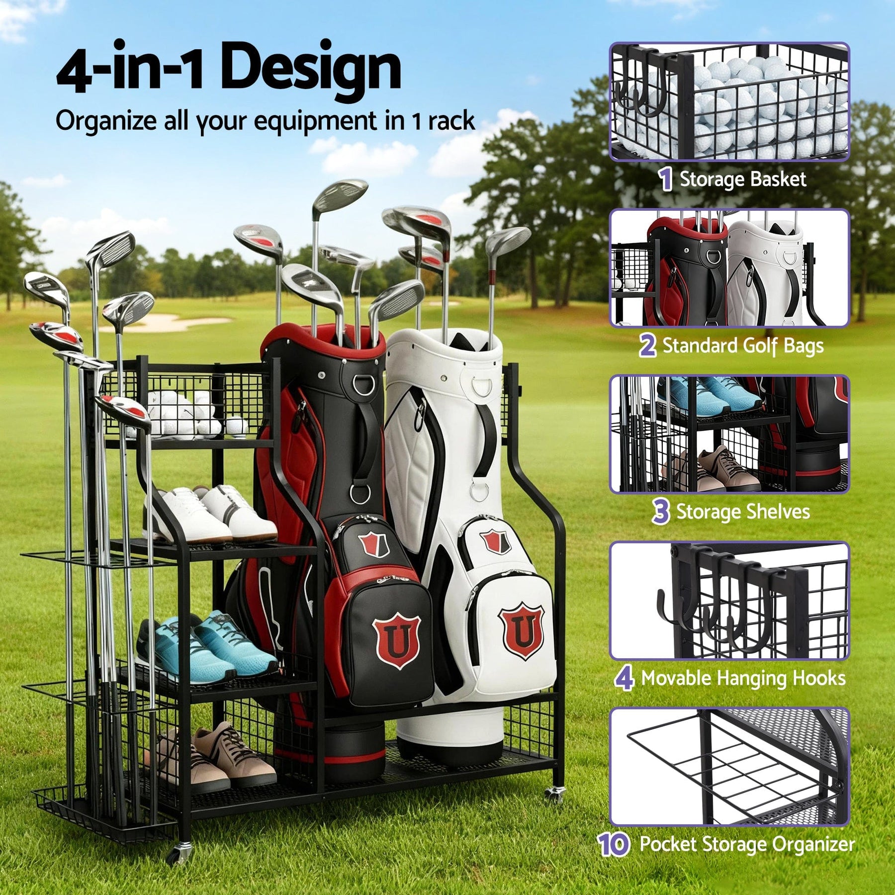 Everfit Golf Bag Storage Golf Storage Garage Organizer with Wheels Black - SportZone.co.nz