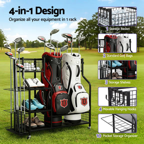 Everfit Golf Bag Storage Golf Storage Garage Organizer with Wheels Black - SportZone.co.nz
