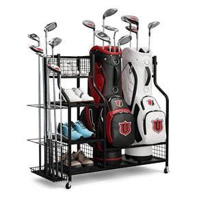 Everfit Golf Bag Storage Golf Storage Garage Organizer with Wheels Black - SportZone.co.nz