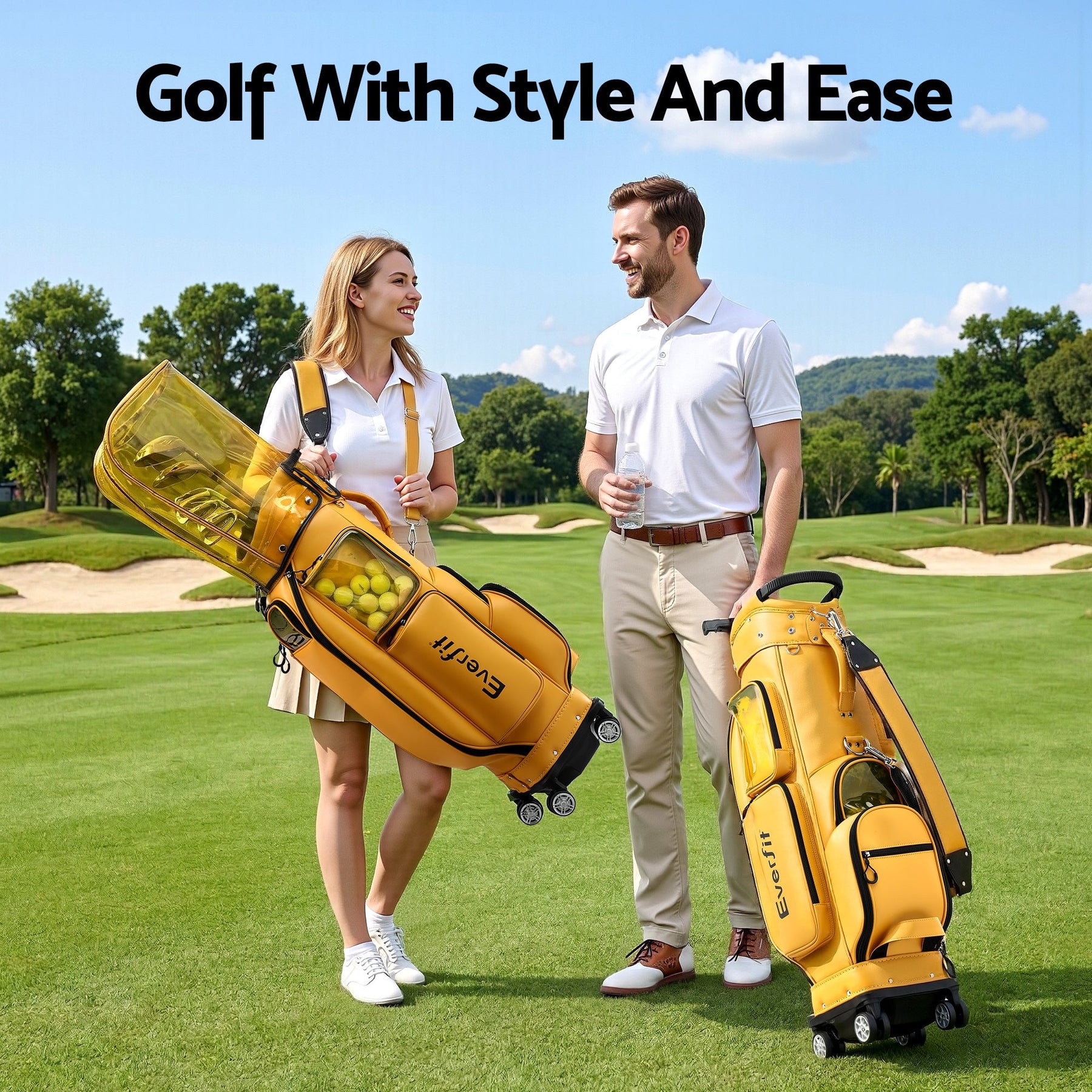 Everfit Golf Cart Bag Rolling Buggy Trolley Club Organiser Yellow - SportZone.co.nz
