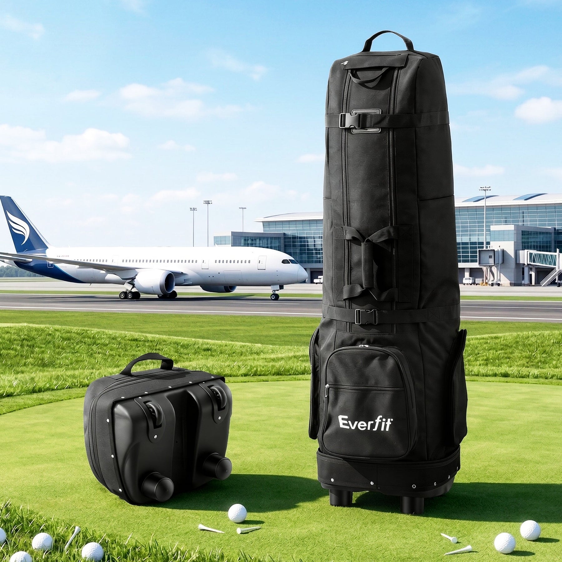 Everfit Golf Travel Bag Flight Cover Foldable Soft Case Wheels Black - SportZone.co.nz