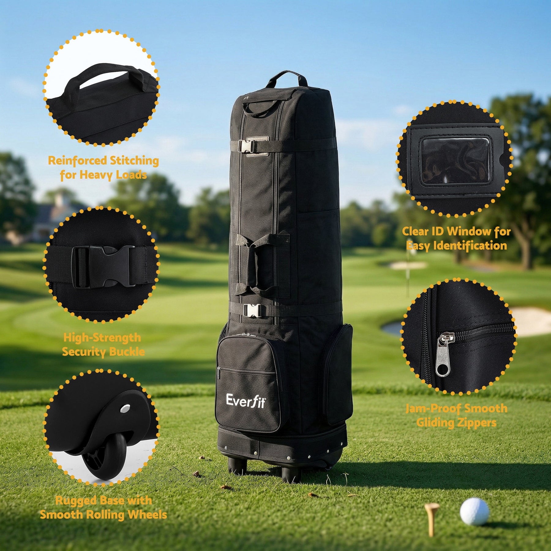 Everfit Golf Travel Bag Flight Cover Foldable Soft Case Wheels Black - SportZone.co.nz