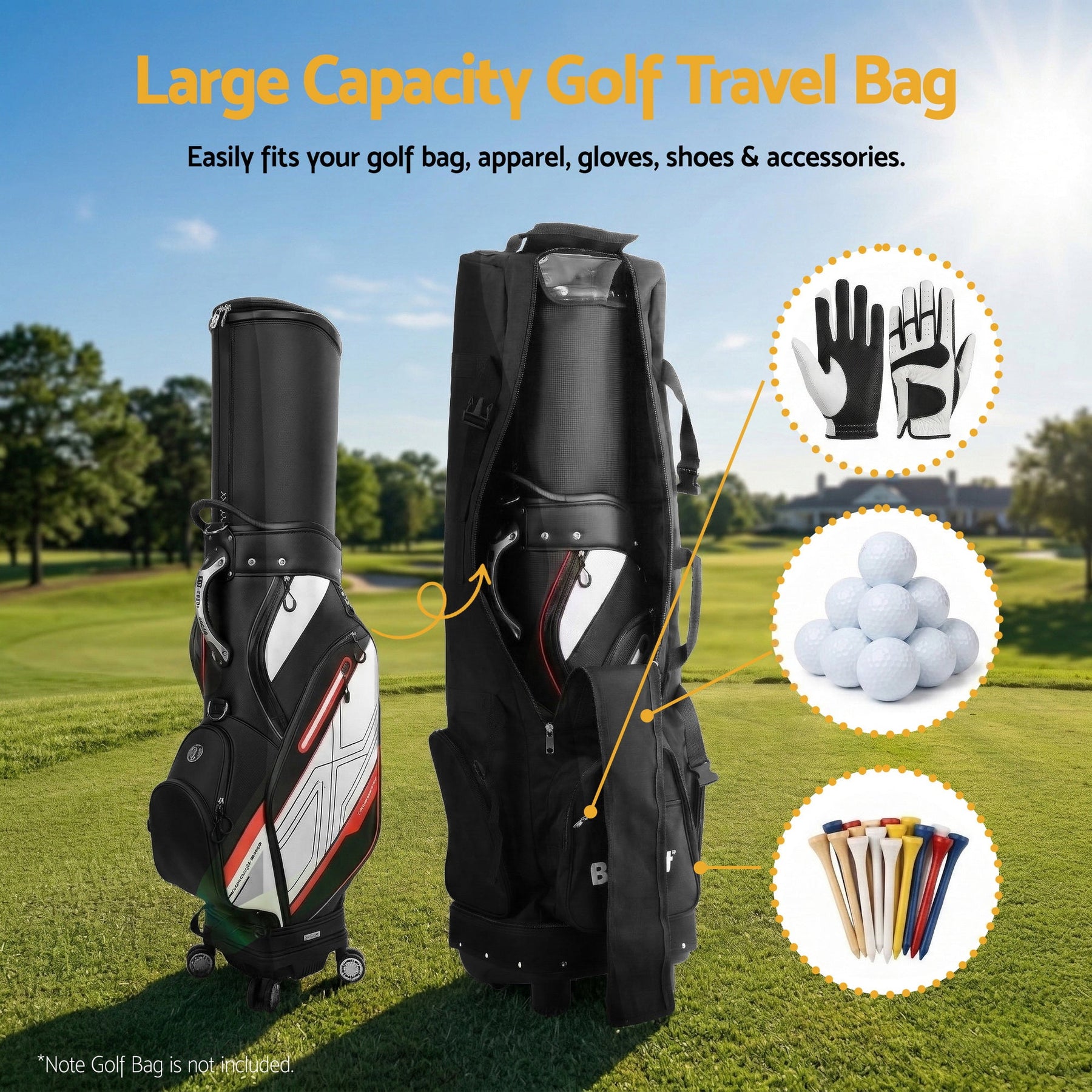 Everfit Golf Travel Bag Flight Cover Foldable Soft Case Wheels Black - SportZone.co.nz
