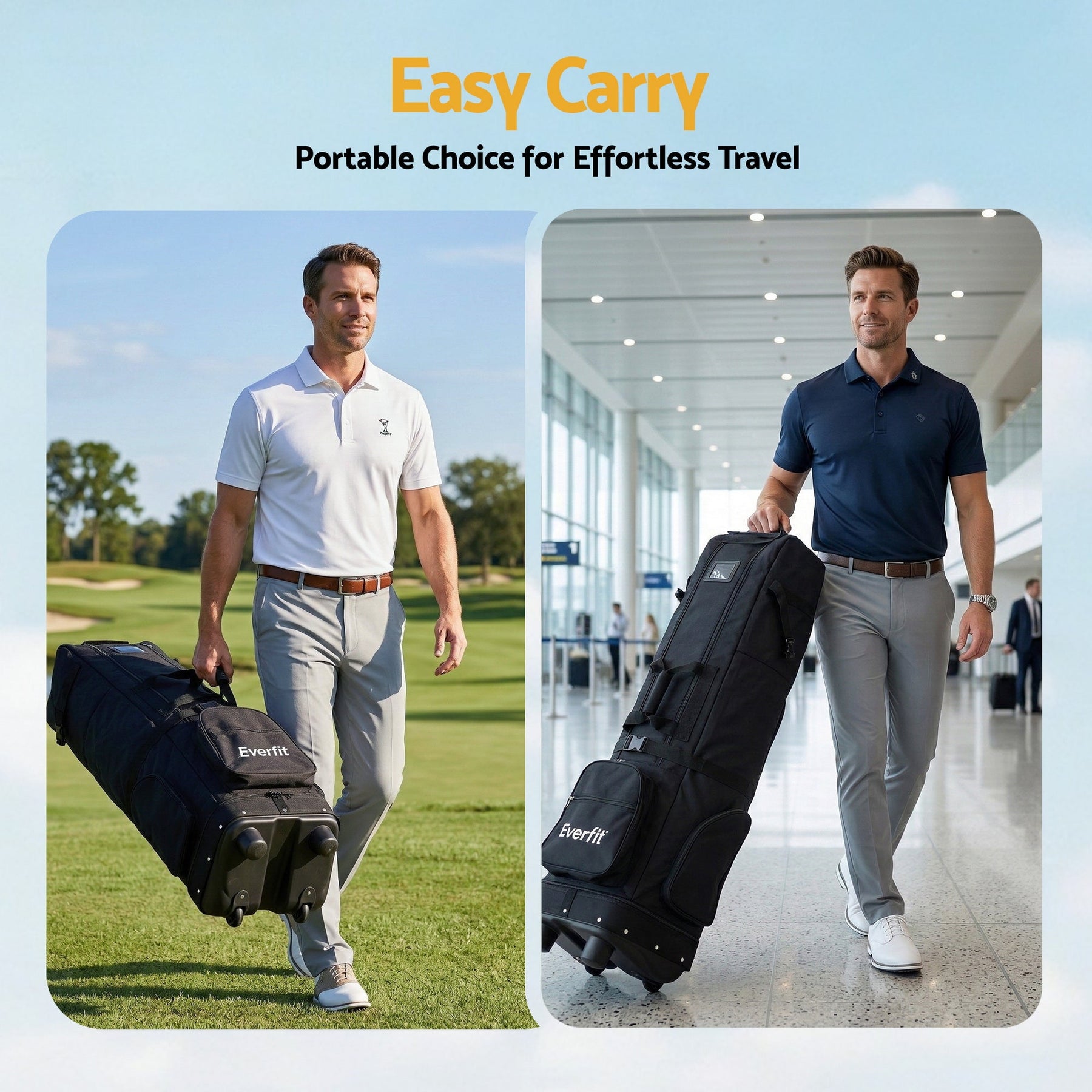 Everfit Golf Travel Bag Flight Cover Foldable Soft Case Wheels Black - SportZone.co.nz