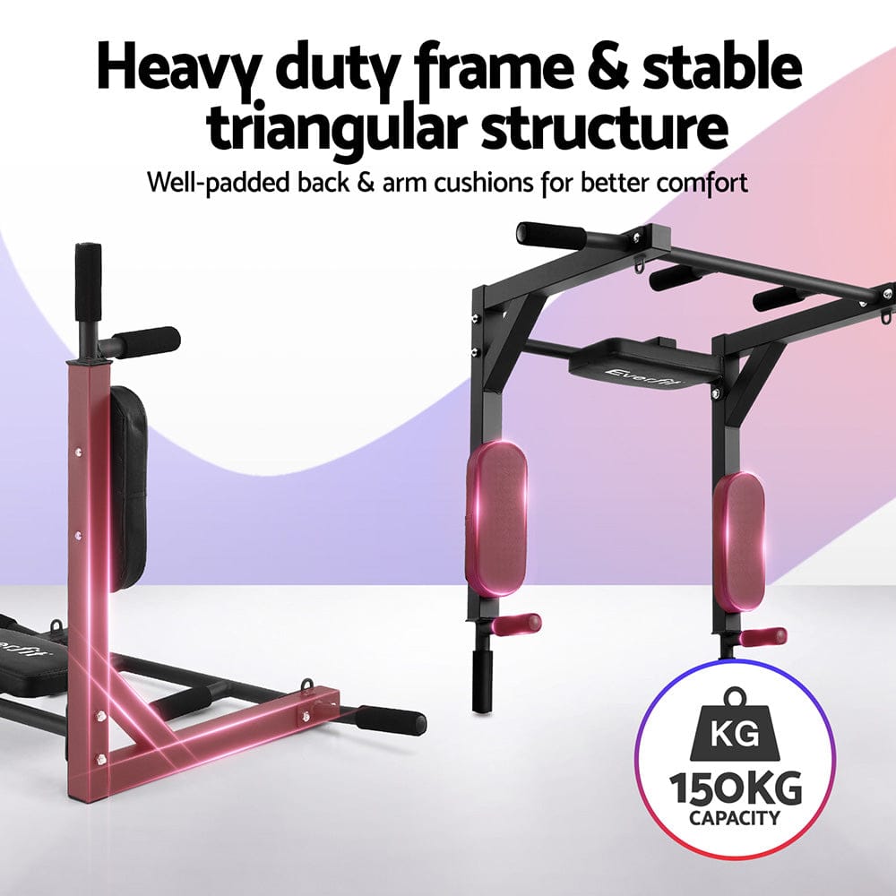 Everfit Pull Up Bar Dip Station Multi Gym 150kg Home Power Station Black Red - SportZone.co.nz