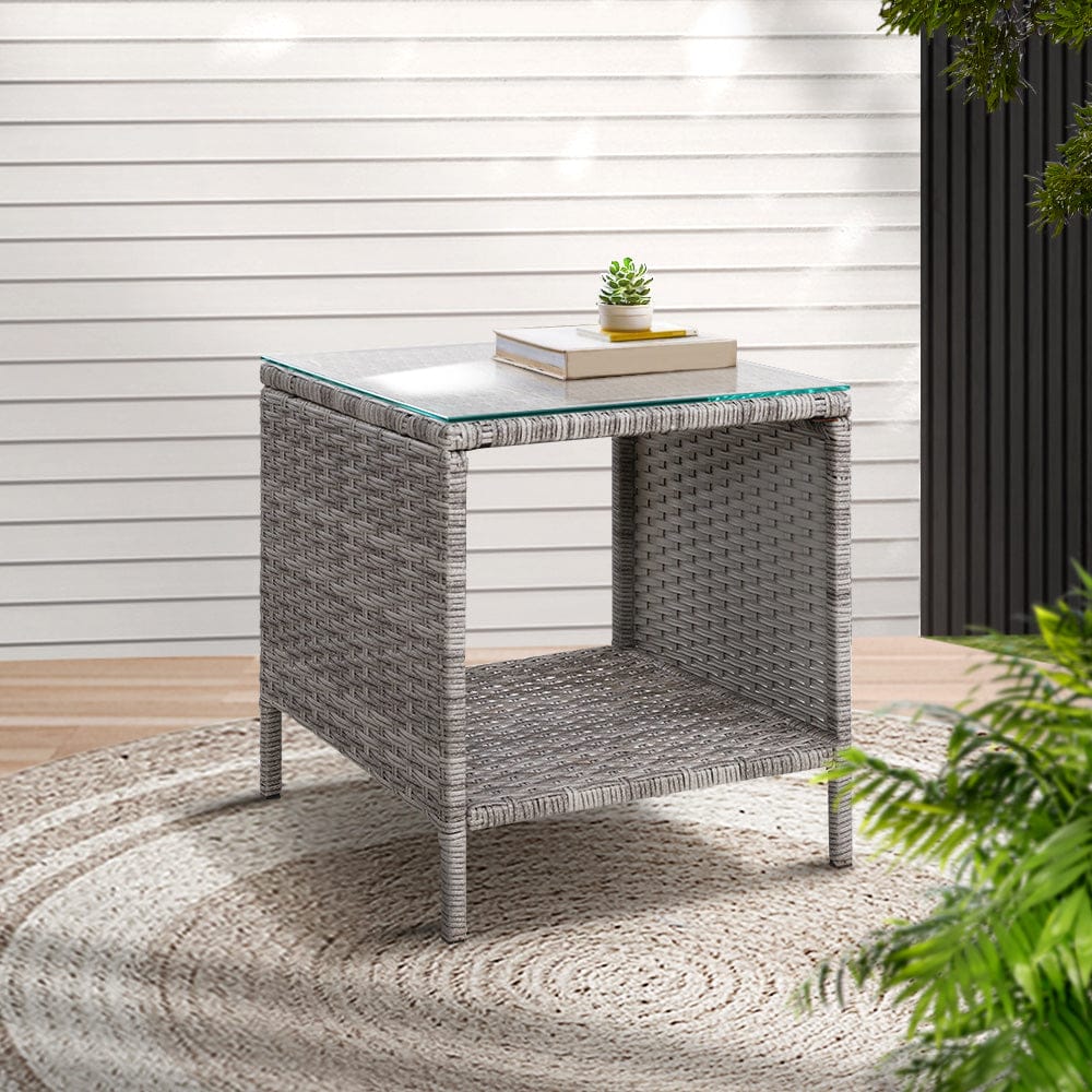 Gardeon Coffee Side Table Wicker Desk Rattan Outdoor Furniture Garden Grey - SportZone.co.nz