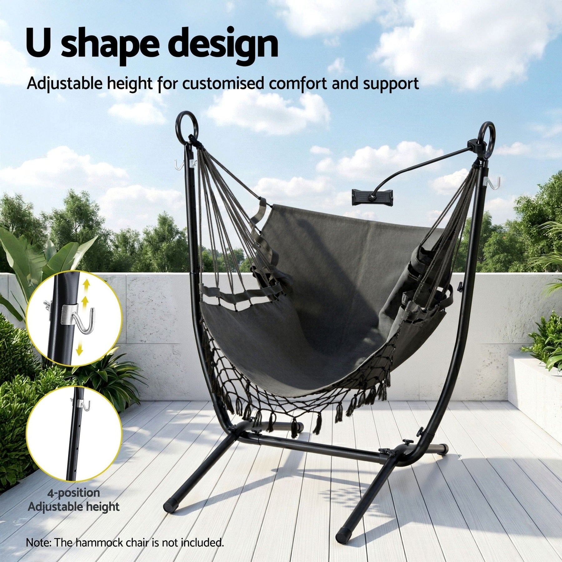 Gardeon Hammock Chair Stand Iron Frame w/ Phone Holder Black - SportZone.co.nz