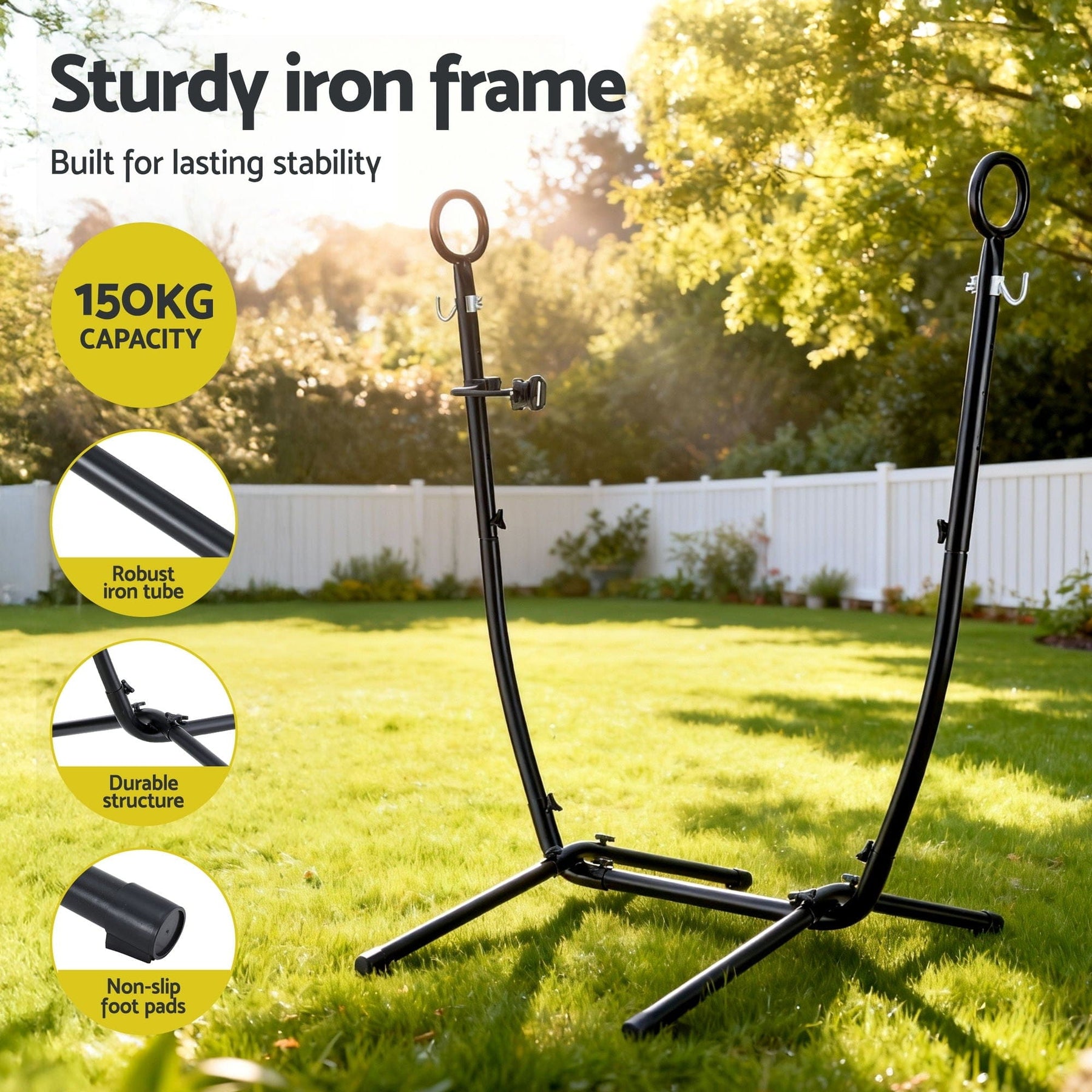 Gardeon Hammock Chair Stand Iron Frame w/ Phone Holder Black - SportZone.co.nz