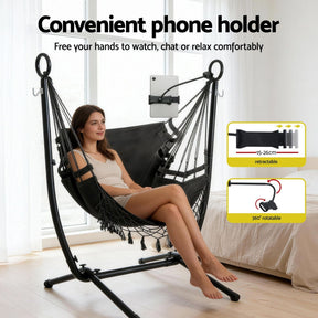 Gardeon Hammock Chair Stand Iron Frame w/ Phone Holder Black - SportZone.co.nz