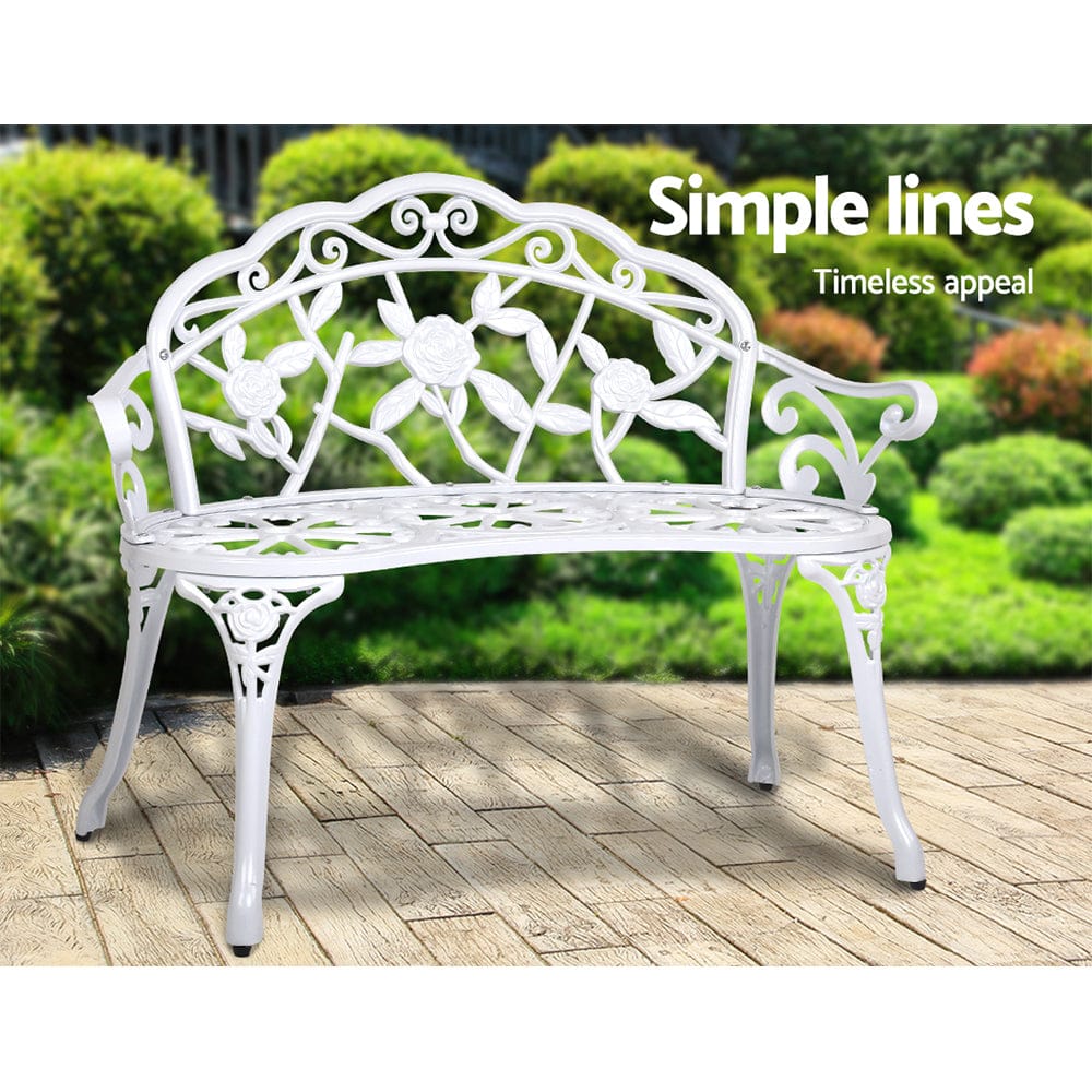Gardeon Outdoor Garden Bench Seat 100cm Cast Aluminium Outdoor Patio Chair Vintage White - SportZone.co.nz