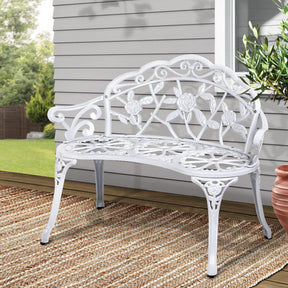 Gardeon Outdoor Garden Bench Seat 100cm Cast Aluminium Outdoor Patio Chair Vintage White - SportZone.co.nz