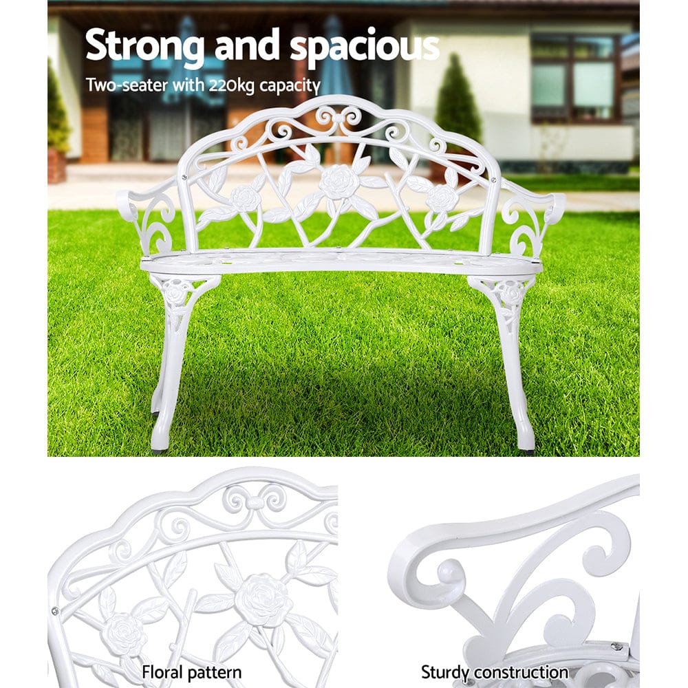 Gardeon Outdoor Garden Bench Seat 100cm Cast Aluminium Outdoor Patio Chair Vintage White - SportZone.co.nz
