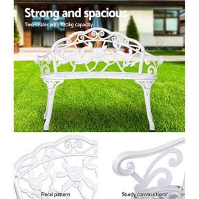 Gardeon Outdoor Garden Bench Seat 100cm Cast Aluminium Outdoor Patio Chair Vintage White - SportZone.co.nz