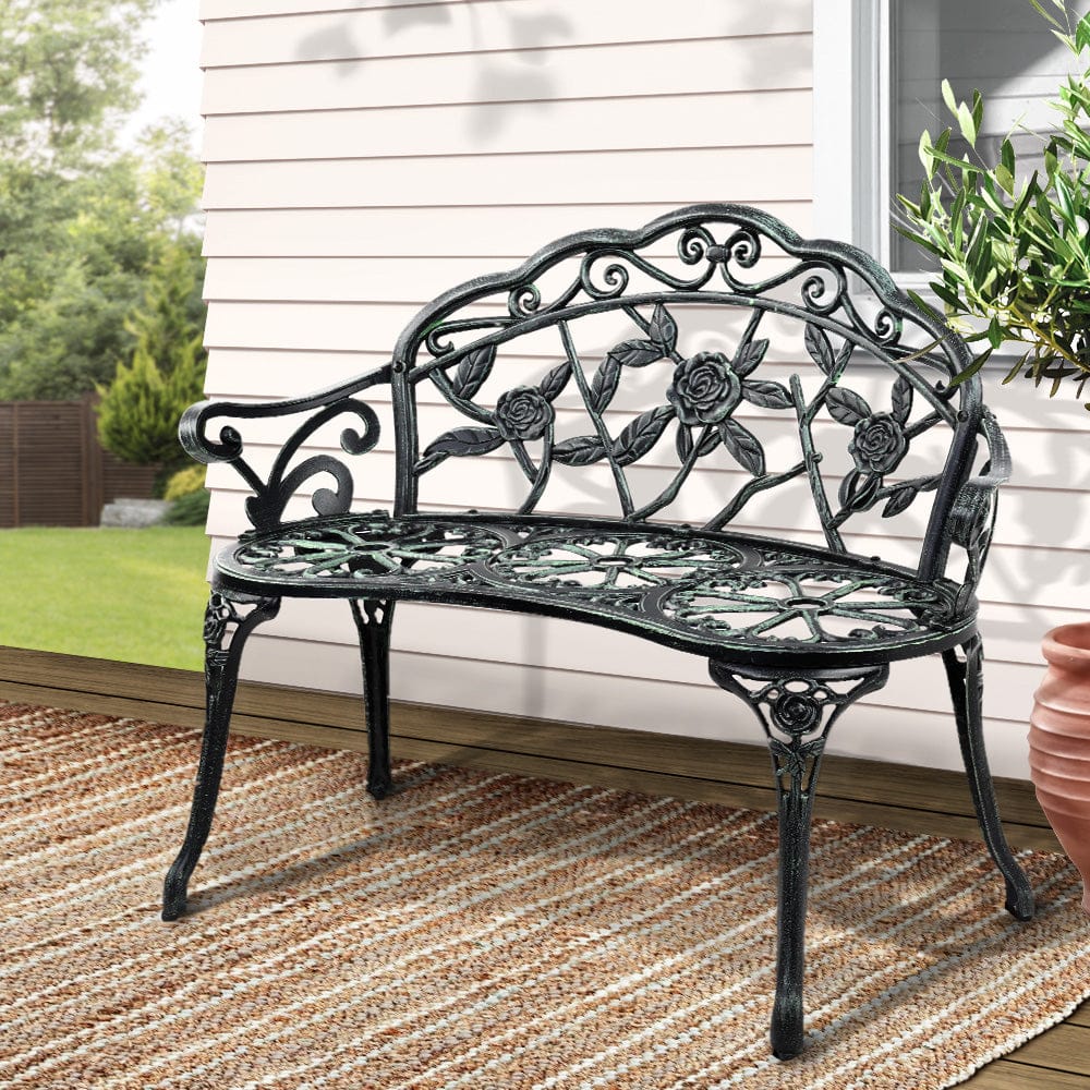 Gardeon Outdoor Garden Bench Seat 100cm Cast Aluminium Patio Chair Vintage Green - SportZone.co.nz