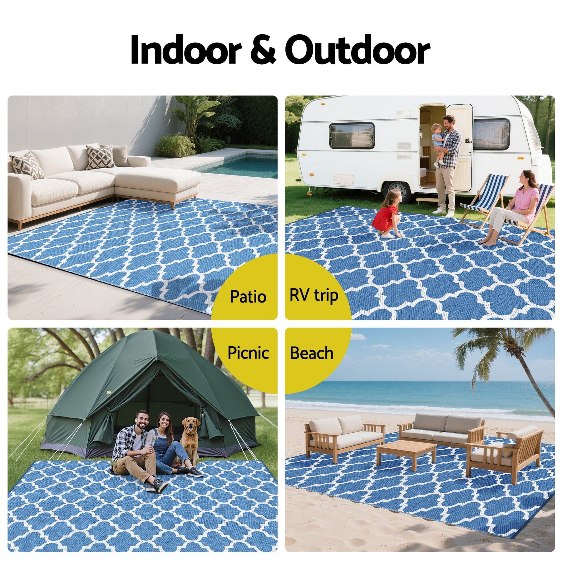 Gardeon Outdoor Rugs 274x366cm Large Carpet Reversible Area Mat PP Dual - Sided Patio Rug Blue - SportZone.co.nz