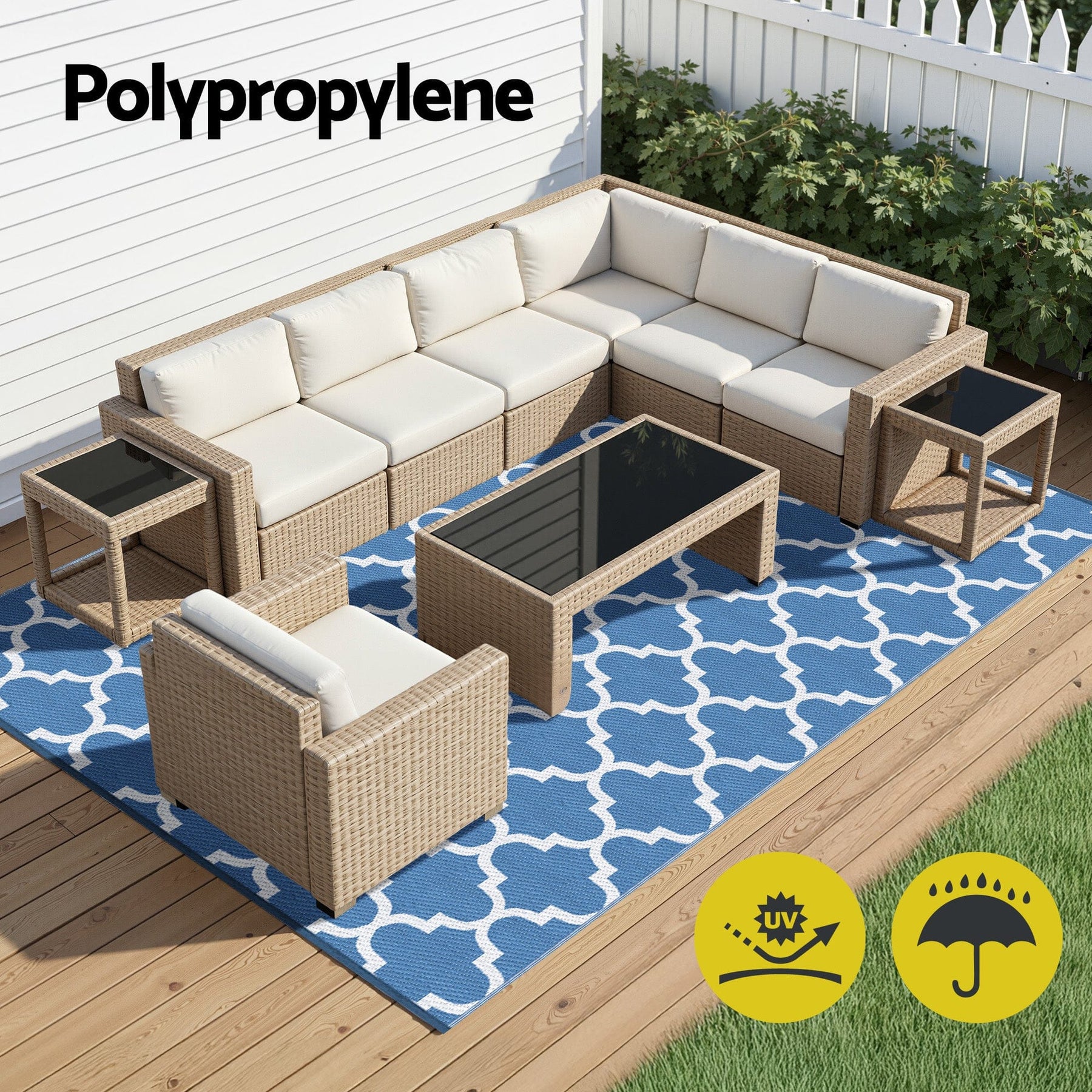 Gardeon Outdoor Rugs 274x366cm Large Carpet Reversible Area Mat PP Dual - Sided Patio Rug Blue - SportZone.co.nz
