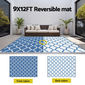 Gardeon Outdoor Rugs 274x366cm Large Carpet Reversible Area Mat PP Dual - Sided Patio Rug Blue - SportZone.co.nz