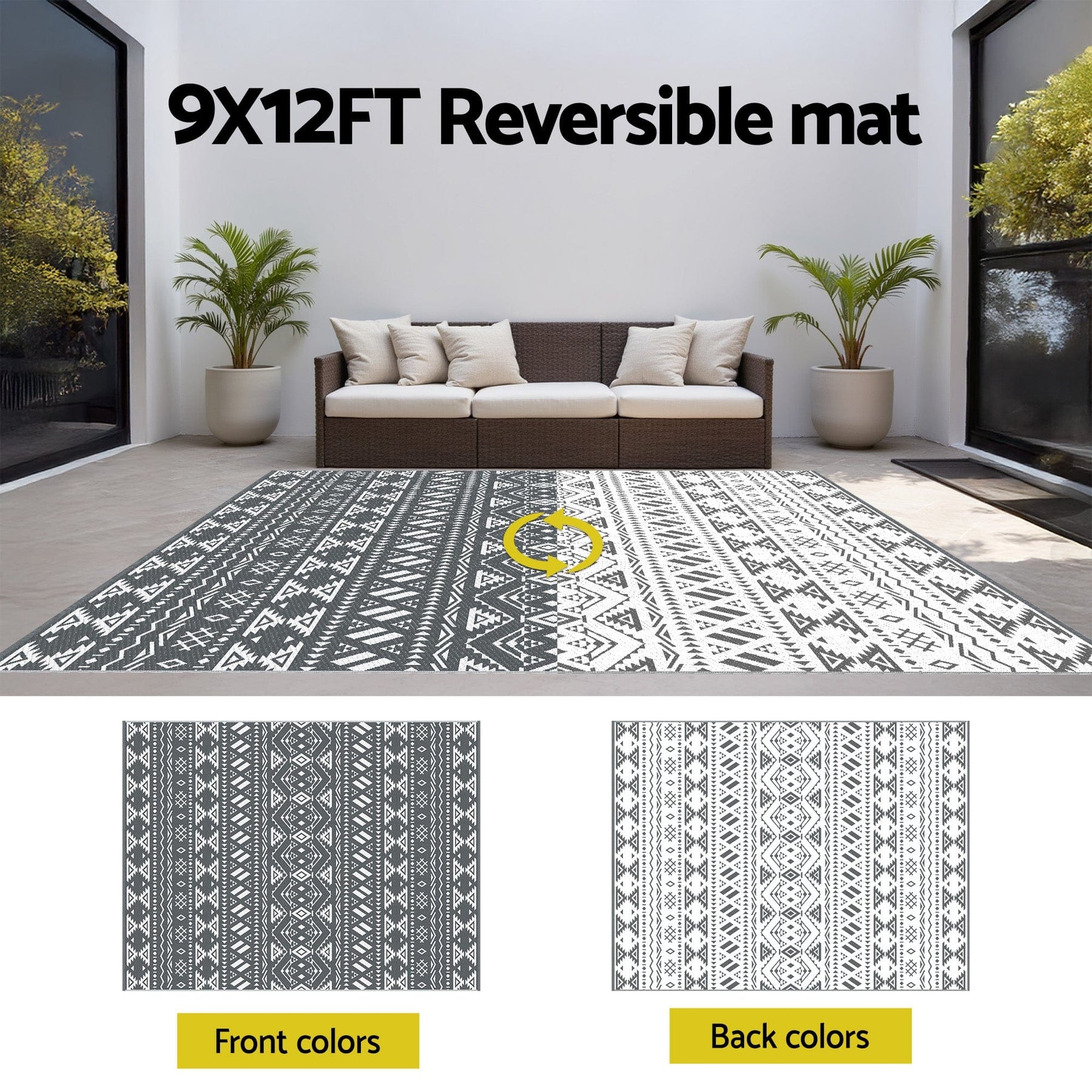 Gardeon Outdoor Rugs 274x366cm Large Carpet Reversible Area Mat PP Dual - Sided Patio Rug Bohemian - SportZone.co.nz