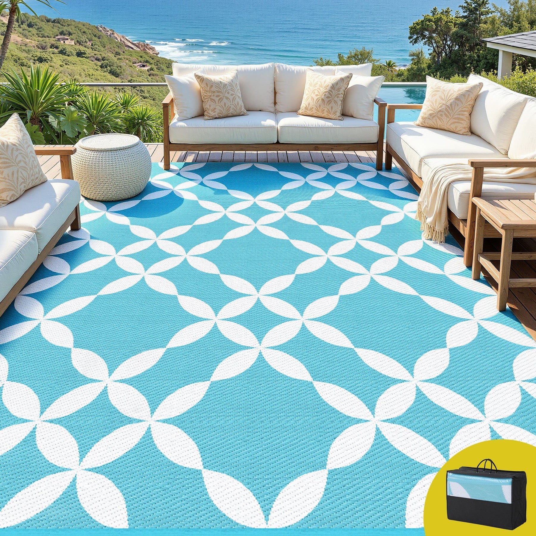Gardeon Outdoor Rugs 274x366cm Large Carpet Reversible Area Mat PP Dual - Sided Patio Rug Light Blue - SportZone.co.nz