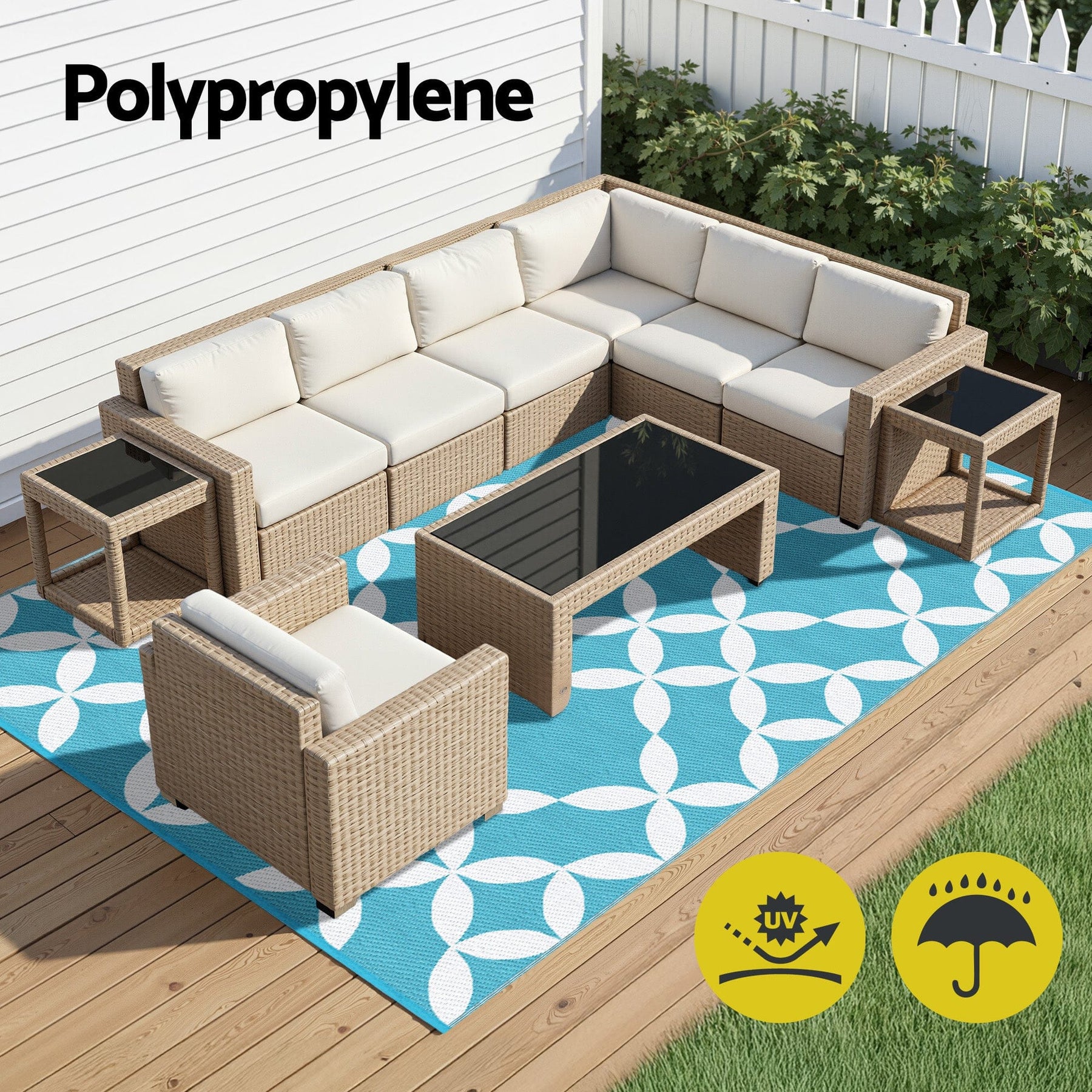 Gardeon Outdoor Rugs 274x366cm Large Carpet Reversible Area Mat PP Dual - Sided Patio Rug Light Blue - SportZone.co.nz