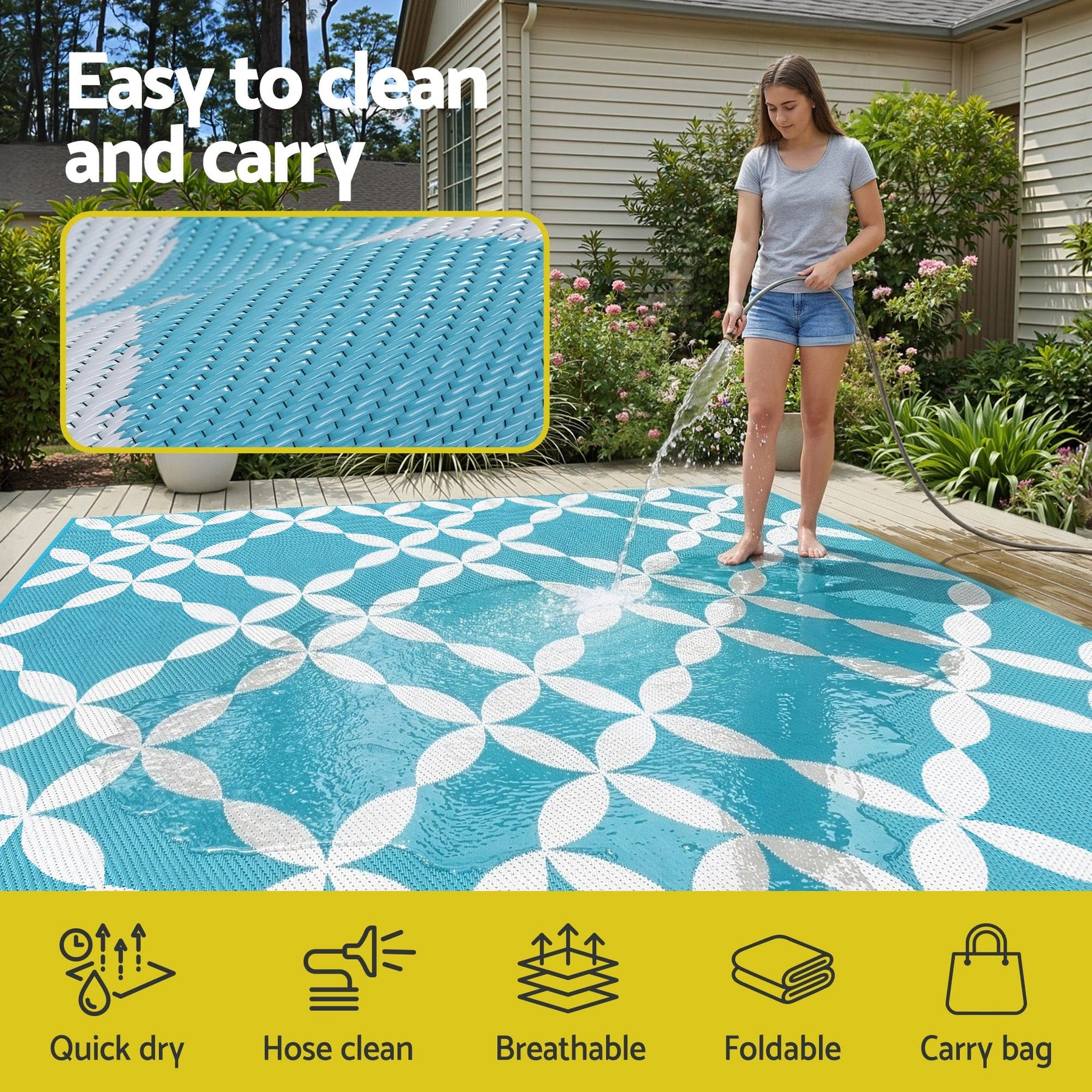 Gardeon Outdoor Rugs 274x366cm Large Carpet Reversible Area Mat PP Dual - Sided Patio Rug Light Blue - SportZone.co.nz