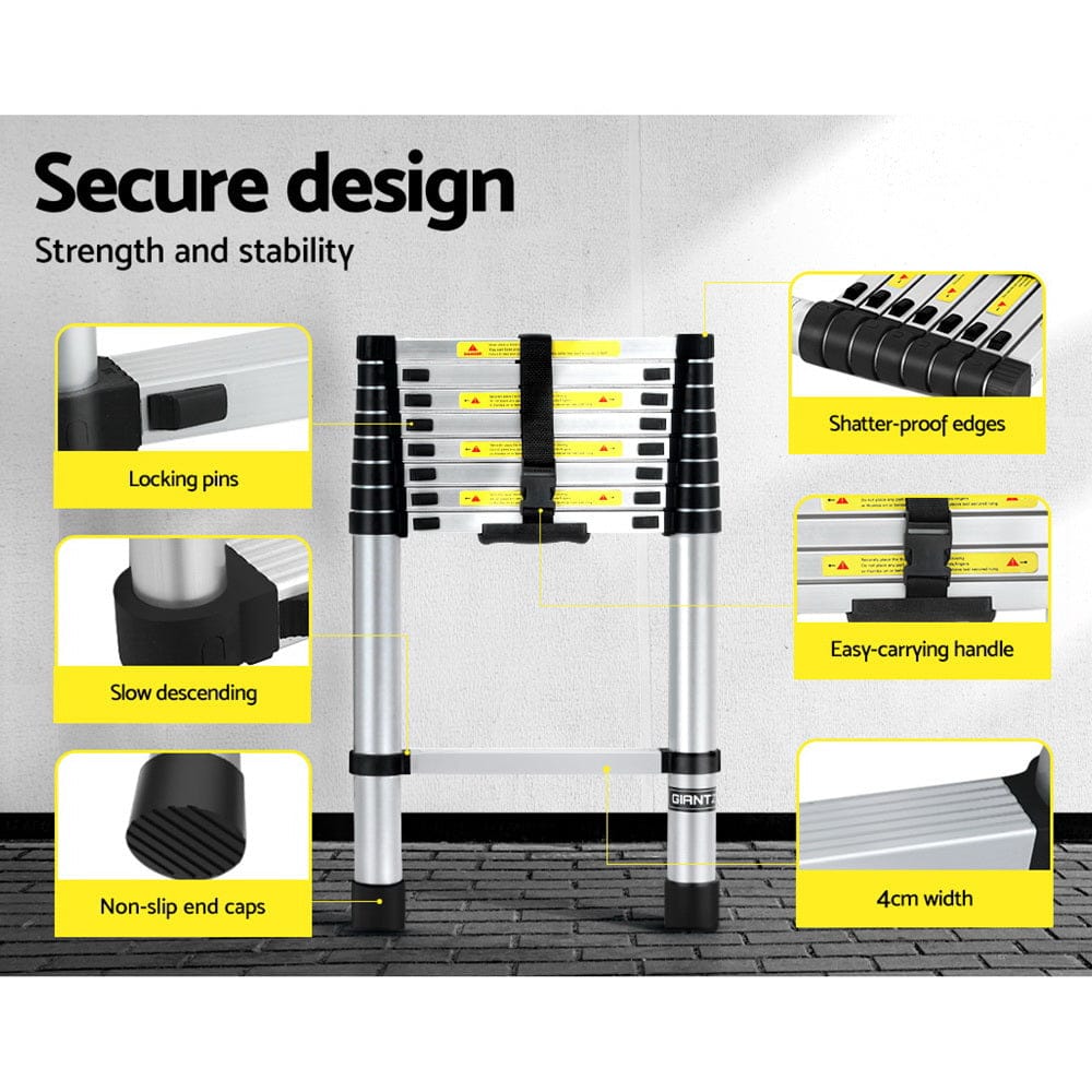 Giantz 2.6M Telescopic Ladder Aluminium Extension Extendable Steps Adjustable Height - SportZone.co.nz