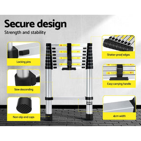 Giantz 2.6M Telescopic Ladder Aluminium Extension Extendable Steps Adjustable Height - SportZone.co.nz