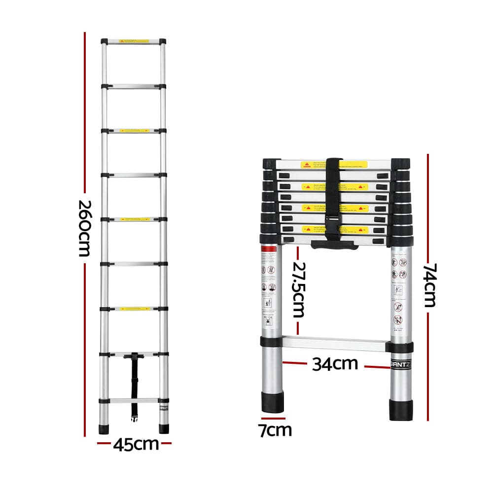 Giantz 2.6M Telescopic Ladder Aluminium Extension Extendable Steps Adjustable Height - SportZone.co.nz
