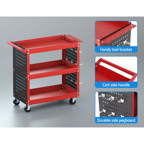 Giantz 3 - Tier Tool Cart Storage Trolley Workshop Garage Pegboard Hooks Red - SportZone.co.nz