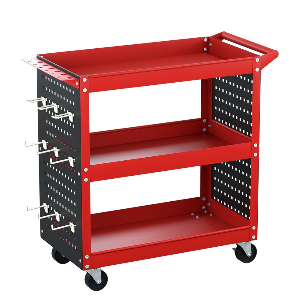Giantz 3 - Tier Tool Cart Storage Trolley Workshop Garage Pegboard Hooks Red - SportZone.co.nz