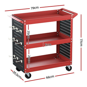 Giantz 3 - Tier Tool Cart Storage Trolley Workshop Garage Pegboard Hooks Red - SportZone.co.nz
