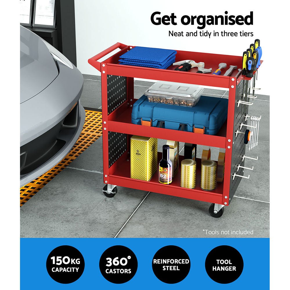 Giantz 3 - Tier Tool Cart Storage Trolley Workshop Garage Pegboard Hooks Red - SportZone.co.nz