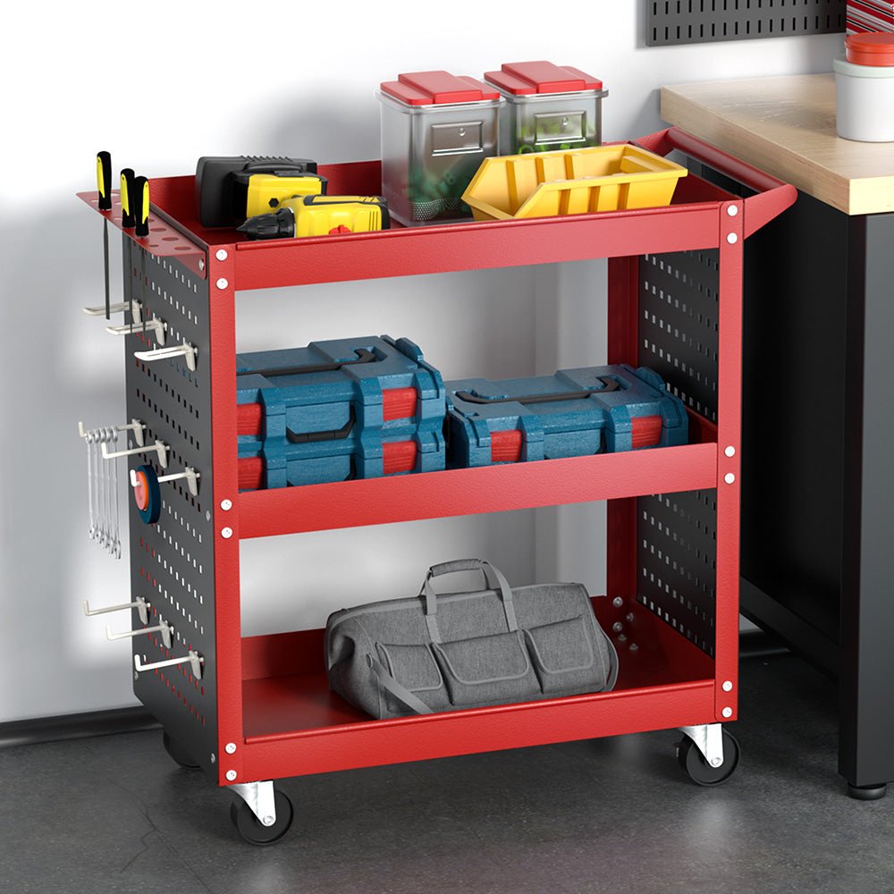 Giantz 3 - Tier Tool Cart Storage Trolley Workshop Garage Pegboard Hooks Red - SportZone.co.nz