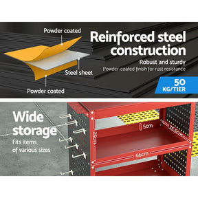 Giantz 3 - Tier Tool Cart Storage Trolley Workshop Garage Pegboard Hooks Red - SportZone.co.nz