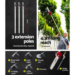 Giantz 4 Stroke Pole Chainsaw Petrol Hedge Trimmer Tree Pruner 12'' 7 In 1 - SportZone.co.nz