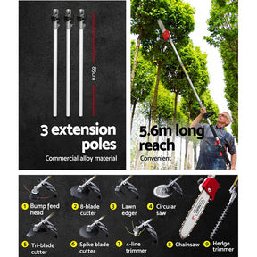 Giantz 65CC Pole Chainsaw Hedge Trimmer Brush Cutter Whipper Snipper Saw 9-in-1 5.6m - SportZone.co.nz