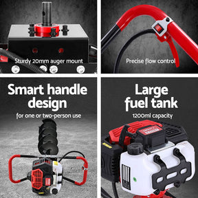 Giantz 65CC Post Hole Digger 200mm Petrol Drill Auger Extension Bits - SportZone.co.nz